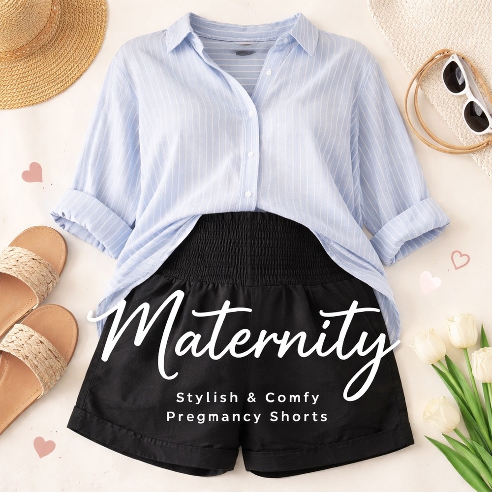 Old Navy Maternity Black Linen Blend Shorts Stretch Waist Pockets Size L